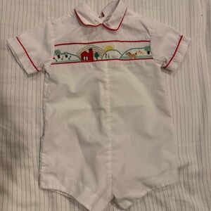 Vintage White Smocked Baby Romper with Farmyard Embroidery
